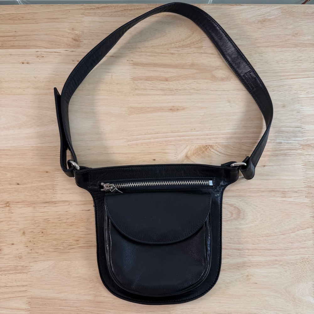 Vintage Neiman Marcus Black Faux Leather Zipper Festival Waist Belt Bag Concert